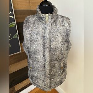 Michael Kors Puffer Vest Faux Fur Print Charcoal Beige Gold Womens Large Zip Up